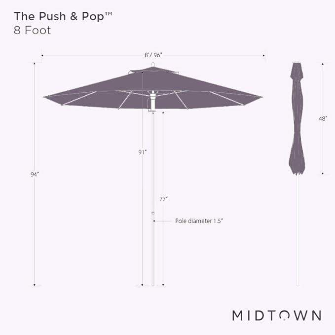 Midtown Umbrellas Push Pop Sunbrella Umbrella 8 Feet Outdoor Umbrella in White Fabric - Patio Umbrella, Backyard Umbrella, Garden Umbrella, Picnic Table Umbrella & Pool Umbrella - Black Pole