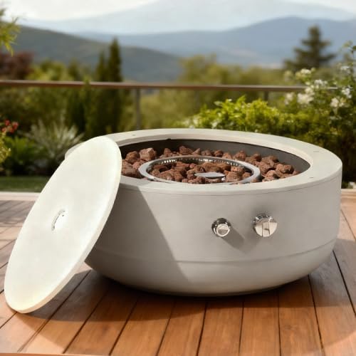 24" Propane Fire Pit, 50000 BTU Round Steel with Durable Concrete Gray Finish, Outdoor Fire Pit Bowl Coffee Table, Smokeless Fire Pits for Outside Patio Deck Garden Backyard, Home Essentials, Grey