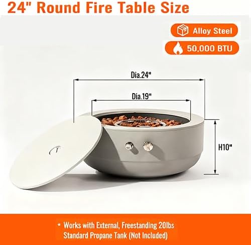 24" Propane Fire Pit, 50000 BTU Round Steel with Durable Concrete Gray Finish, Outdoor Fire Pit Bowl Coffee Table, Smokeless Fire Pits for Outside Patio Deck Garden Backyard, Home Essentials, Grey
