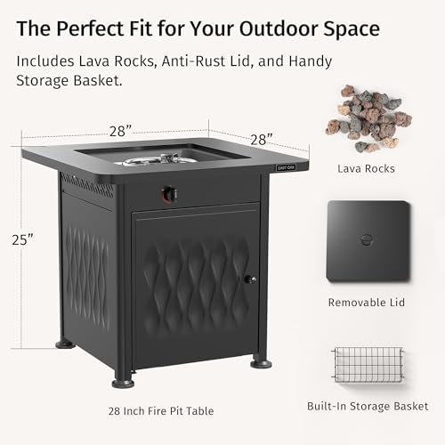 East Oak 28" Outdoor Fire Pit Table | 52,000 BTU Fire Pit Table for Outside with Magnetic Lid | Storage Basket & Lava Rocks | CSA Certified for Patio, Backyard & Garden | Black