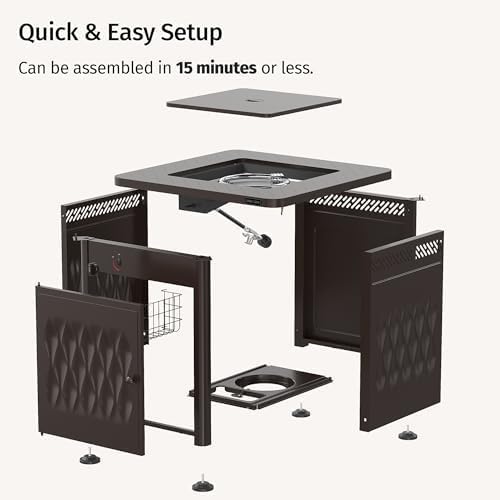 East Oak 28" Outdoor Fire Pit Table | 52,000 BTU Fire Pit Table for Outside with Magnetic Lid | Storage Basket & Lava Rocks | CSA Certified for Patio, Backyard & Garden | Black