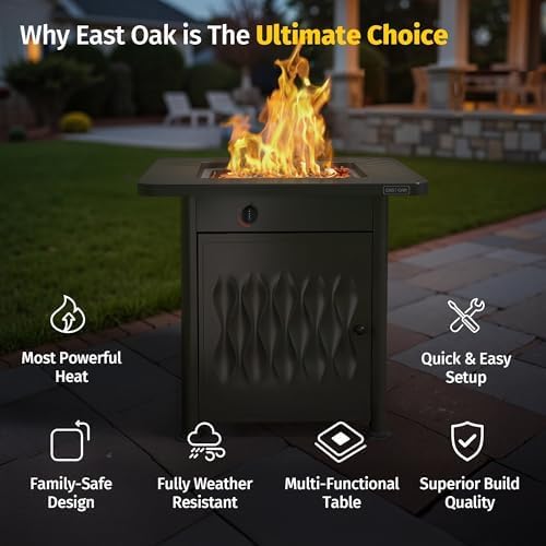 EAST OAK 32" Outdoor Propane Fire Pit Table | 52,000 BTU Gas Fire Pit Table for Outside with Magnetic Lid | Storage Basket & Lava Rocks | CSA Certified for Patio, Garden & Backyard | Black