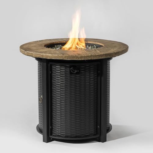 30" Round Propane Fire Pit Table, 50,000 BTU Outdoor Steel Patio Heater with Wood Grain Finish for Deck Garden & Backyard Use, Steel Lid & Lava Rock Included