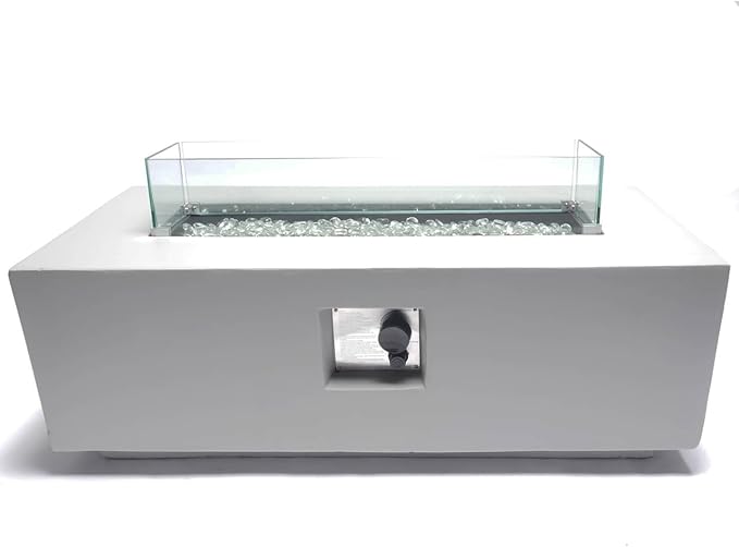 Bluegrass Living 42 Inch x 15 Inch Rectangular MGO Propane Fire Pit Table with Side Table Tank Storage, Glass Wind Guard, Crystal Glass Beads, Fabric Cover - Model# DFT42R-CG