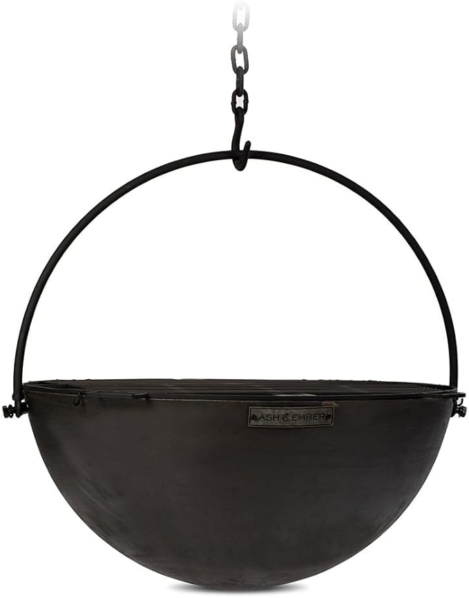 Ash & Ember 42" Cast Iron Cauldron Fire Pit Bowl with Double Hinged Grill Grate-Easy-Lift Handles & Handing Chain, Round Wood Burning Patio Fire Bowl for Backyard Patios