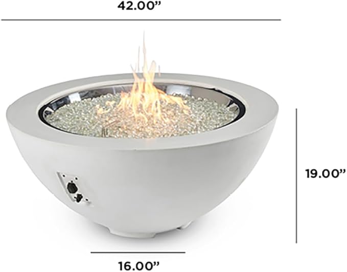 Outdoor GreatRoom Co Propane Fire Pit Table - Cove Gas Fire Pits for Outside Patio - 42 Inch Round Edge Bowl Concrete Firepit Fire Table, Glass Tabletop Cover, Clear Glass Gems, 105,000 BTU - White