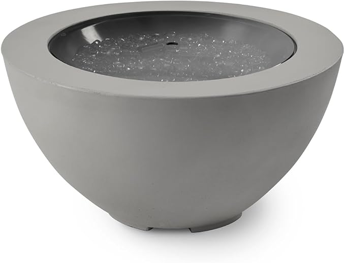 Outdoor GreatRoom Co Propane Fire Pit Table - Cove Gas Fire Pits for Outside Patio - 29 Inch Round Bowl Concrete Firepit Fire Table with Glass Tabletop Cover, Tempered Clear Glass Gems, 80,000 BTU