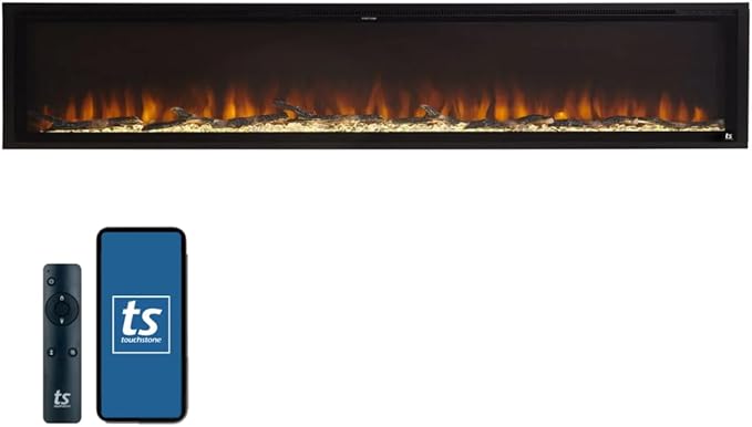 Touchstone Sideline Elite Smart 100” WiFi-Enabled Electric Fireplace - 80044 - in-Wall Recessed - 60 Color Combinations - 1,500W Heater - Black - Log, Crystals & Driftwood