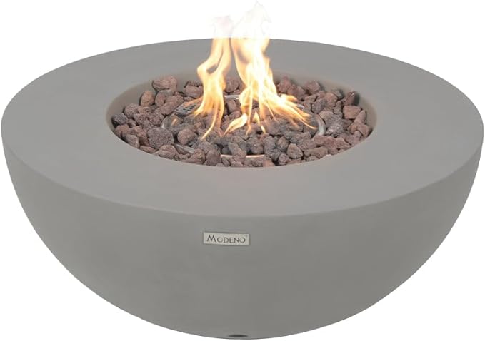 Modeno ROCA Outdoor Gas Firepit Table 34 Inches Fire Pit Patio Heater Concrete Outside Electronic Ignition Backyard Fireplace Cover Lava Rock Included Natural Gas