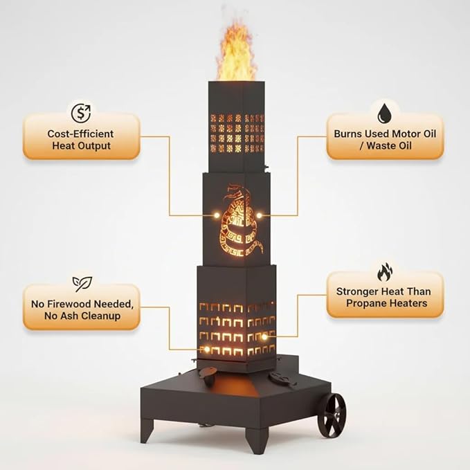 51" Smudge Pot Heater with Wheels, 7-Gallon Waste Oil Patio Heater,Heavy-Duty Steel Pyramid Design,Portable Fireplace for Backyard, Porch, Patio and Garden (Snake)