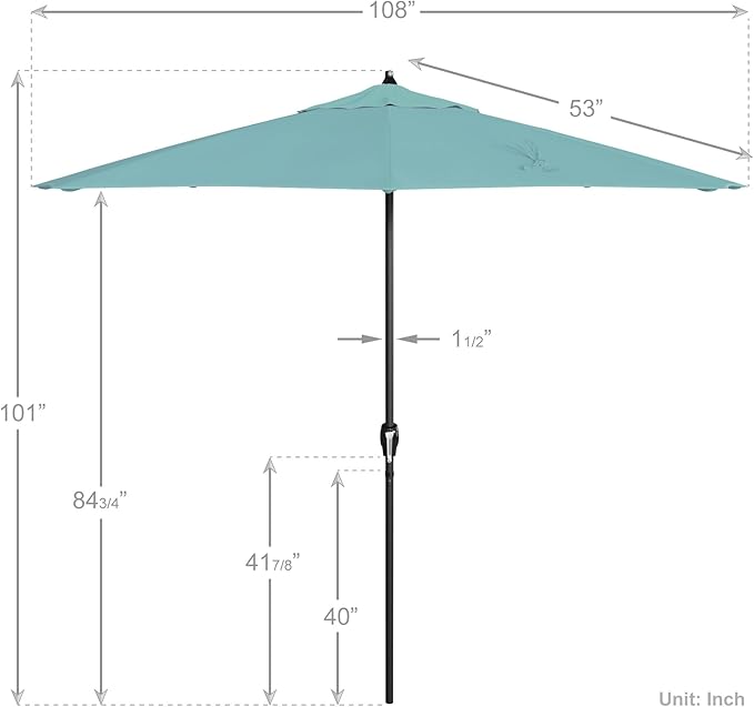 California Umbrella 9' Rd Aluminum Patio Umbrella, Crank Lift, Auto Tilt, Black Finish, Sunbrella Aruba