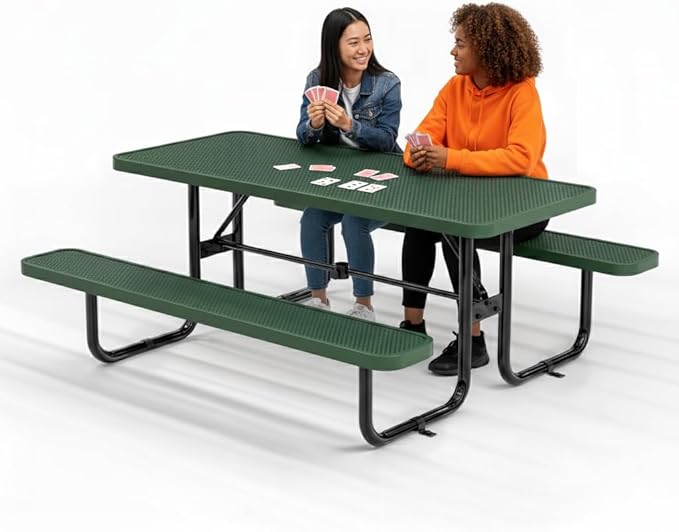 Commercial Heavy-Duty Metal Picnic Table - ADA Compliant, Adjustable Seats, Umbrella Hole (Green, 6' Rectangular, Punched Steel)