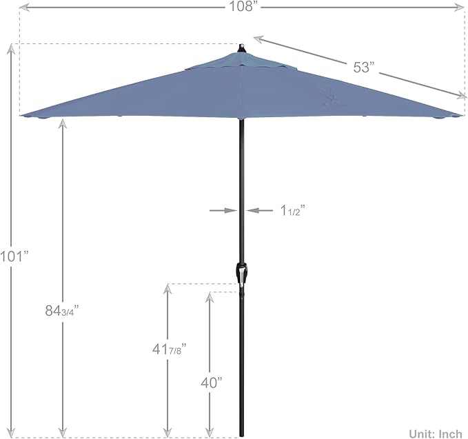 California Umbrella 9' Rd Aluminum Patio Umbrella, Crank Lift, Auto Tilt, Black Finish, Sunbrella Air Blue
