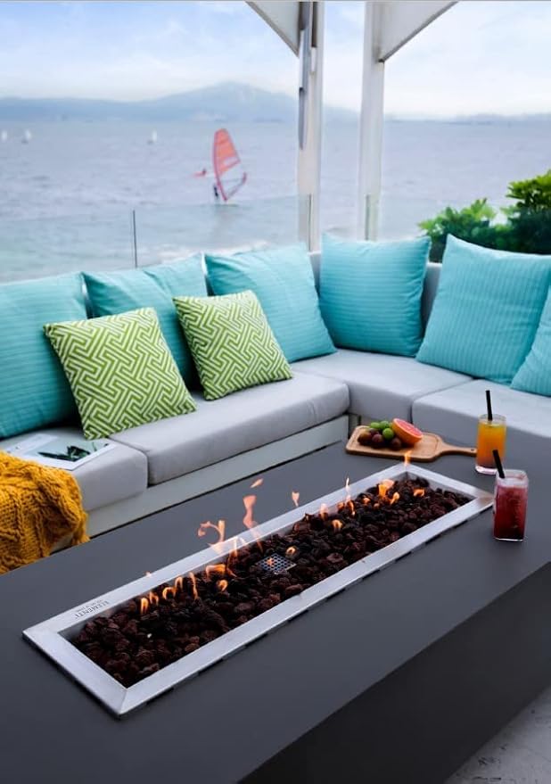 Elementi | Granville Gas Fire Pit Cast Concrete 60" Rectangular Fire Table, Outdoor Fire Pit Electronic Ignition | Canvas Cover, Lava Rock Included | Dark Gray (Natural Gas)