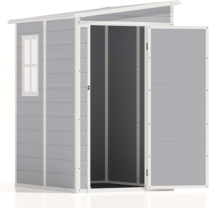 Patiowell 5x4 FT Outdoor Storage Shed, Resin Storage Shed with Floor & Lockable & Window Door for Patio Furniture, Garden Tools and Bicycle, Light Gray