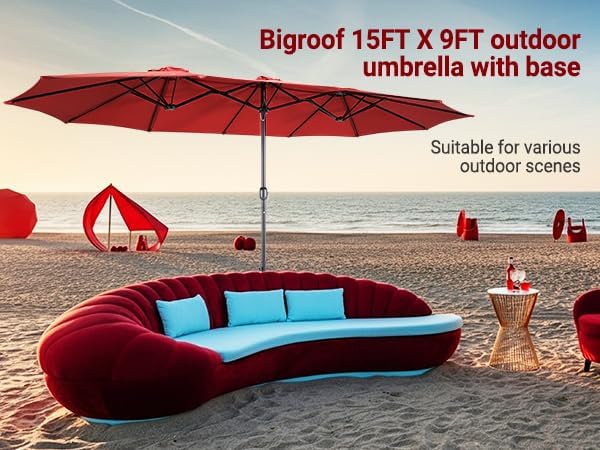 Bigroof 15ft x 9ft Patio Double-Sided Umbrella with Base & Crank, Extra Large Rectangular Outdoor Umbrella for Patio, Lawn & Garden, Beige