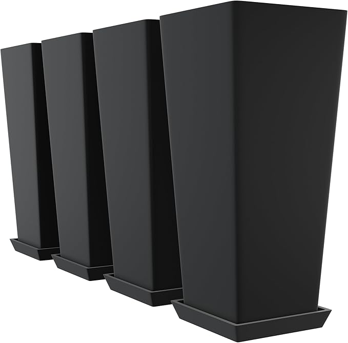 Set of 4 24" Tall Plastic Planters with Trays, Large Tapered Plant Pots for Indoor Outdoor Use, Modern Decorative Planters for Porch, Patio, Garden, and Backyard
