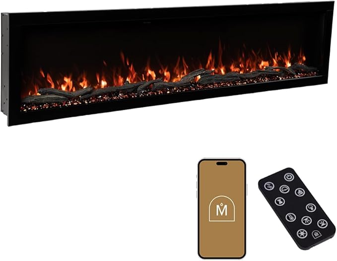 Modern Ember Highmark 84 Inch Smart Linear Electric Fireplace - Premium Flame with 10 Colors, Sleek Hidden Vent Design, Install Recessed in-Wall or Wall-Mount, WiFi Enabled.