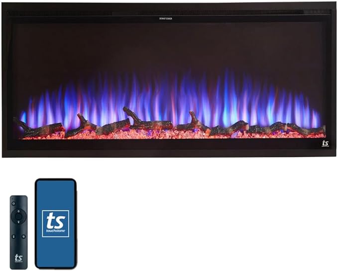 Touchstone Sideline Elite Smart Electric Fireplace - Alexa/WiFi Enabled- 42" Wide - in Wall Recessed - 60 Color Combinations - 1,500W Heater - Black - Log, Crystals, and Driftwood