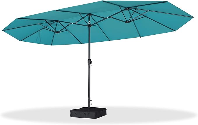 PURPLE LEAF 15ft Patio Market Umbrella with Base Double-Sided Rectangle Outdoor Table Sun Umbrellas with Crank 12 Heavy Duty Sturdy Ribs for Pool Beach Deck Backyard Turquoise Blue
