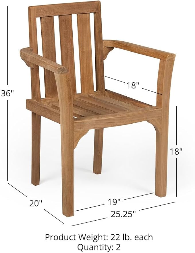 TITAN GREAT OUTDOORS Ash & Ember Sage Grade A Teak Classic Stacking Armchairs, Weather Resistant Premium Solid Wood Patio Lounge Chair with Intricate Back Support (6 Pack)