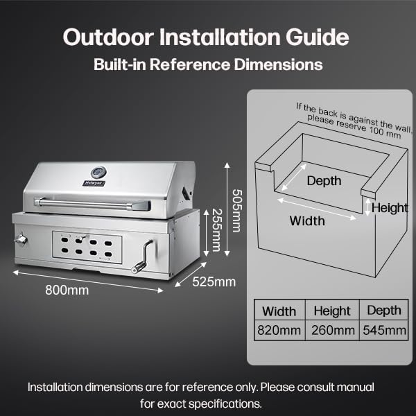 Large Built-In Charcoal BBQ Grill, Charcoal Grills with Liftable Tray, Insulated Hood & Temperature Gauge, Heavy-Duty Stainless Steel Barbecue Grill for Outdoor Kitchen, Family Parties, and Camping