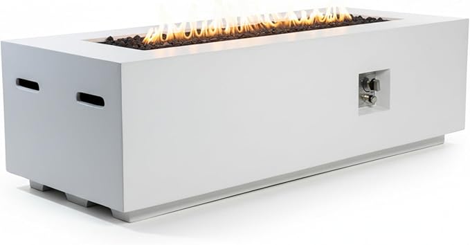 60-Inch Rectangular Outdoor Gas Propane Fire Pit Table,60,000 BTU Light Concrete Fire Table with Waterproof Cover, Tank Seat,Free Lava Rocks, for Outside Patio Backyard,White