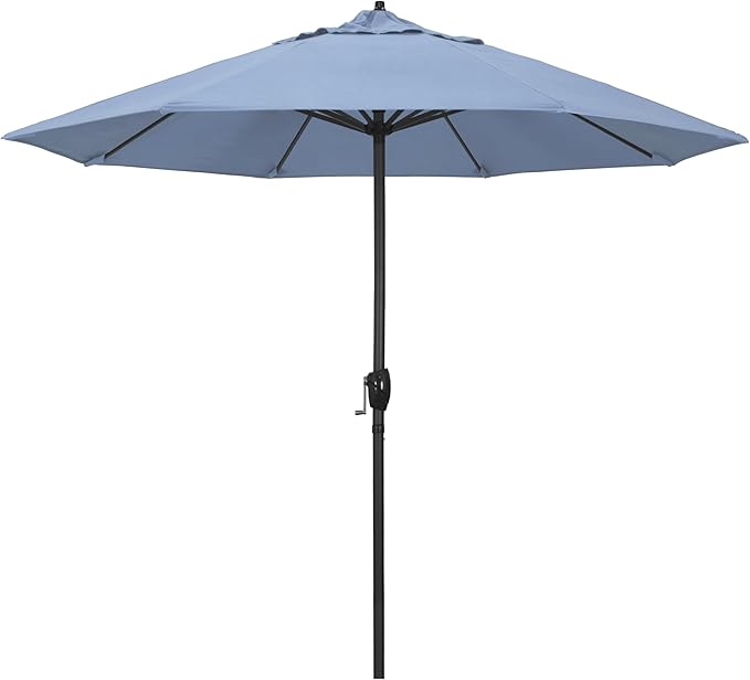 California Umbrella 9' Rd Aluminum Patio Umbrella, Crank Lift, Auto Tilt, Black Finish, Sunbrella Air Blue