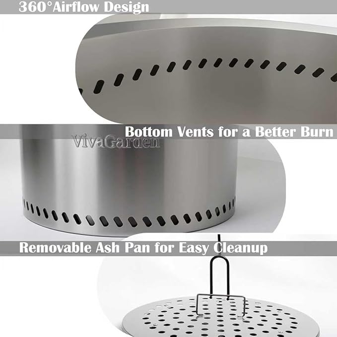 19.5 Inch Smokeless Fire Pit, VivaGarden Outdoor Wood Burning Fire Pit with Carry Bag, Stainless Steel Firepit for Camping, Backyard, Patio, Bonfire & Garden Gatherings (Silver)