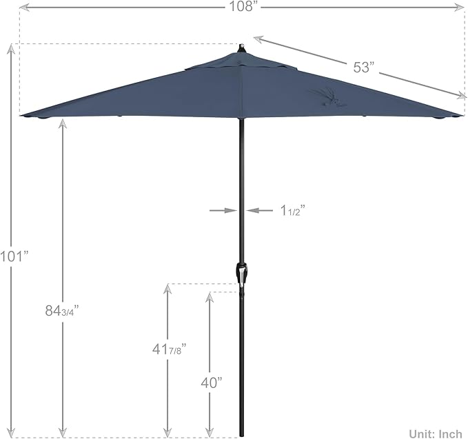 California Umbrella 9' Rd Aluminum Patio Umbrella, Crank Lift, Auto Tilt, Black Finish, Sunbrella Regatta