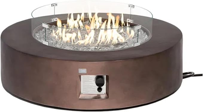 COSIEST Outdoor Propane Fire Pit Coffee Table w Bronze 42 inch Round Base Patio Heater, Certified, 50,000 BTU Stainless Steel Burner, Wind Guard, Transparent Gray Fire Glass, Waterproof Cover