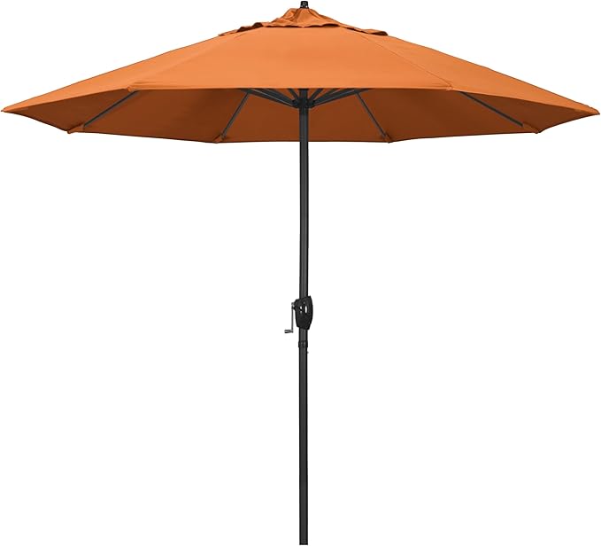California Umbrella 9' Rd Aluminum Patio Umbrella, Crank Lift, Auto Tilt, Black Finish, Sunbrella Tangerine