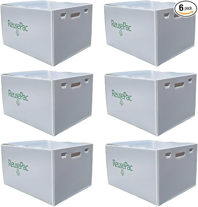 Reusable Foldable Box Corrugated PP Lightweight, Storage Moving Mailing, Heavy Duty Stackable, Tape Free Self-Locking Lid, Handles for Business Home X-Large (6 Pack Gray 20x16x12 in)