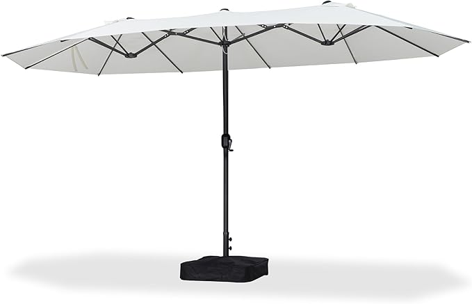 PURPLE LEAF 14ft Patio Market Umbrella with Base Double-Sided Rectangle Outdoor Table Sun Umbrellas with Crank 12 Heavy Duty Sturdy Ribs for Pool Beach Deck Backyard Cream