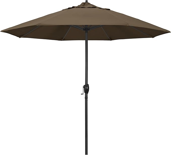 California Umbrella 9' Rd Aluminum Patio Umbrella, Crank Lift, Auto Tilt, Black Finish, Sunbrella Cocoa