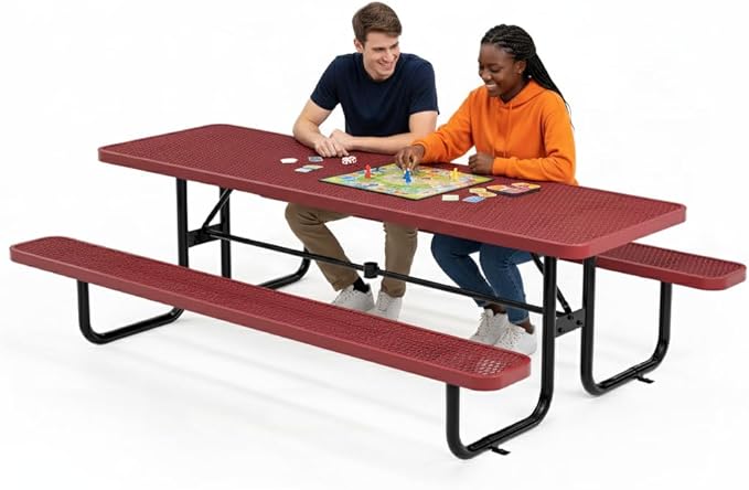 Metal Picnic Furniture for Outdoors with Umbrella Hole - Coated Steel Heavy Duty Commercial Grade Table with Adjustable Seats, Patio Set for a Lifetime (Red, 8' Rectangular)