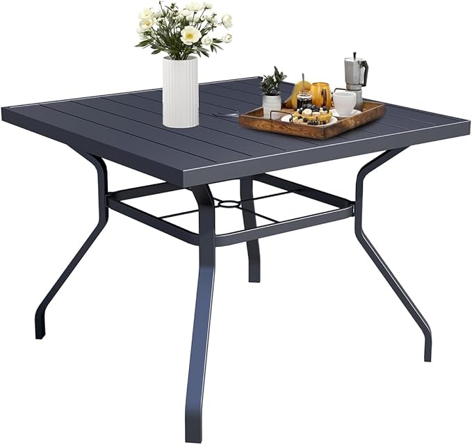 Anmutig Outdoor Dining Table with 1.57" Umbrella Hole, Picnic Table Metal Steel Square Backyard Bistro Table Outdoor Dining Table for Garden, Poolside, Backyard, Black, 37x37inch