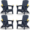 Folding Adirondack Chair 4 Pack, HDPE All-Weather Fire Pit Chairs, Plastic Adirondack Chairs with 2 Cup Holder, Outdoor Lawn Chair for Patio Garden (Navy Blue)