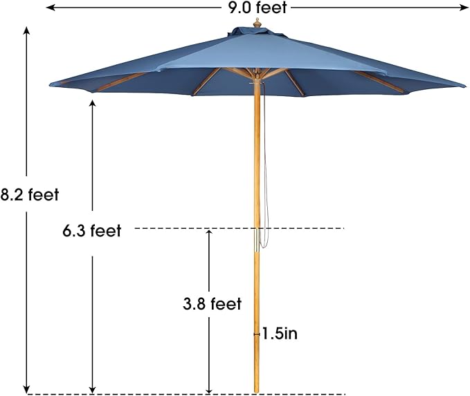 9ft Bamboo Umbrella, Outdoor Patio Umbrella, Waterproof Market Umbrella, 8 Ribs Table Umbrella with Pulley Lift for Garden, Deck, Pool, lawn, Backyard