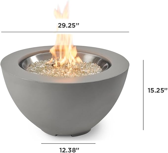 Outdoor GreatRoom Co Propane Fire Pit Table - Cove Gas Fire Pits for Outside Patio - 29 Inch Round Bowl Concrete Firepit Fire Table with Glass Tabletop Cover, Tempered Clear Glass Gems, 80,000 BTU