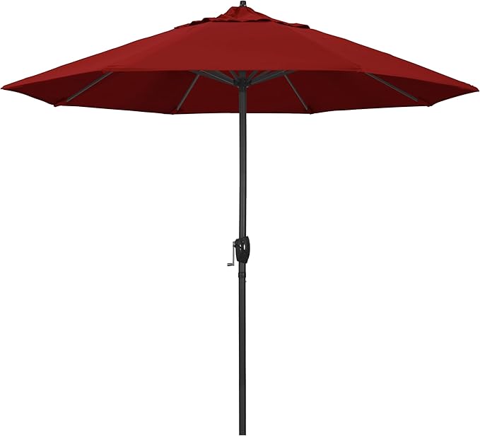 California Umbrella 9' Rd Aluminum Patio Umbrella, Crank Lift, Auto Tilt, Black Finish, Sunbrella Jockey Red