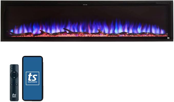 Touchstone Sideline Elite Smart 84” WiFi-Enabled Electric Fireplace - 80050 - in-Wall Recessed - 60 Color Combinations - 1,500W Heater - Black - Log, Crystals & Driftwood
