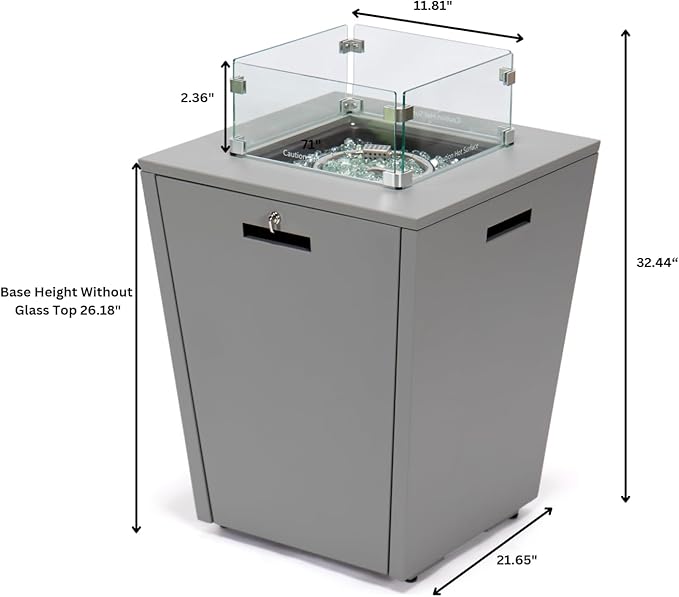 LeisureMod Chelsea 32" Modern Gas Fire Pit Table – 37,000 BTU CSA Certified Propane Steel Outdoor Table with Tempered Glass Wind Guard and Lid for Patio (Grey)