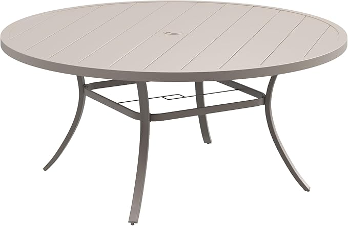 DIFY 60" Round Outdoor Patio Dining Table for 8-10, Metal Patio Table with 1.57" Adjustable Umbrella Hole, All-Weather Dining Furniture Table for Backyard Lawn Garden, Cream