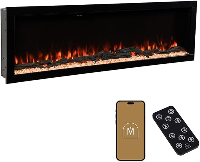 Modern Ember Highmark 72 Inch Smart Linear Electric Fireplace - Premium Flame with 10 Colors, Sleek Hidden Vent Design, Install Recessed in-Wall or Wall-Mount, WiFi Enabled.