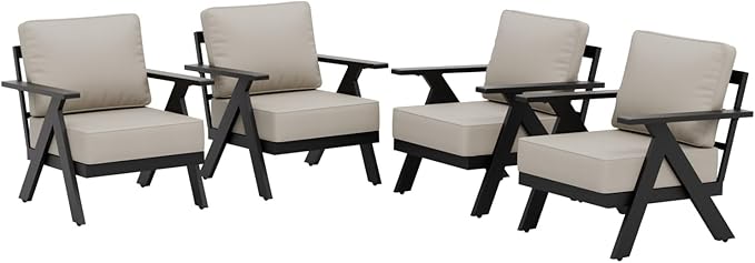 Urban Anvil 4 Pieces Patio Furniture Outdoor Metal Armchairs, All-Weather Patio Accent Chairs with Cushions for Balcony, Porch, Deck, Black/Beige
