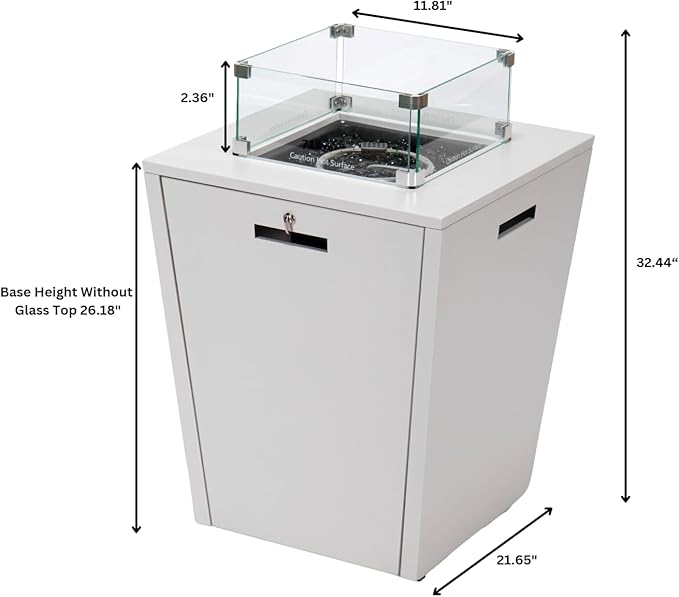 LeisureMod Chelsea 32" Modern Gas Fire Pit Table – 37,000 BTU CSA Certified Propane Steel Outdoor Table with Tempered Glass Wind Guard and Lid for Patio (White)