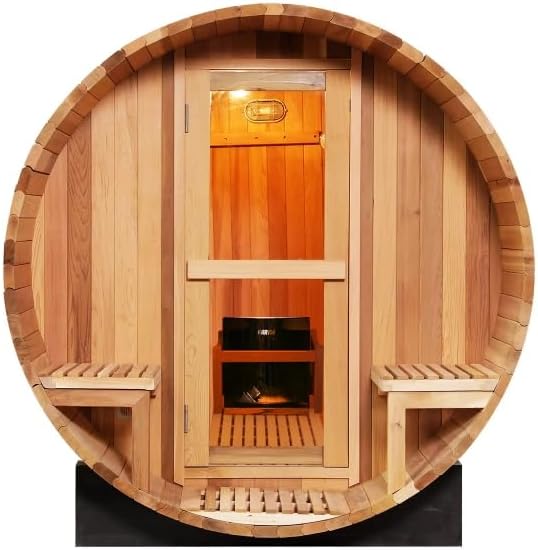 ZONEMEL Outdoor Barrel Steam Sauna, Canadian Hemlock Sauna Room for 10-12 Person with 9KW ETL TOULE Heater, Volcanic Stones, Asphalt Shingles, Canopy Porch, 8mm Tempered Glass, 220V