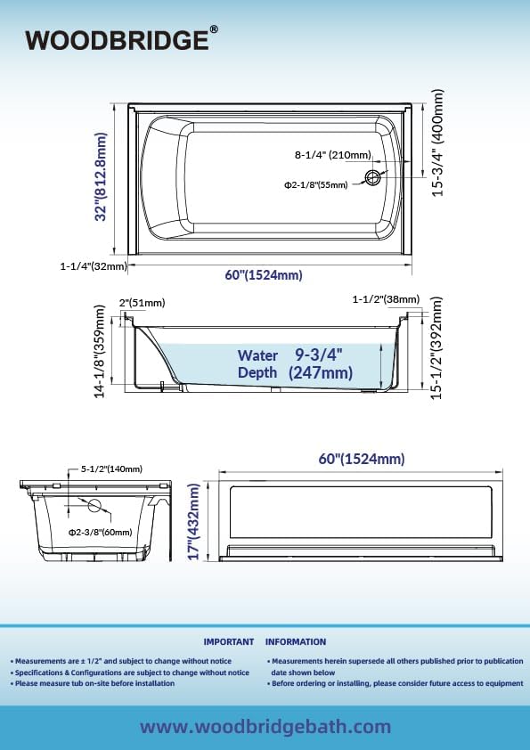WOODBRIDGE 60” x 32” Alcove Soaking Bathtub in white with Right-Hand Drain Hole