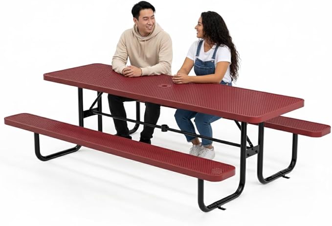 Commercial Heavy-Duty Metal Picnic Table - ADA Compliant, Adjustable Seats, Umbrella Hole (Red, 8' Rectangular, Punched Steel)